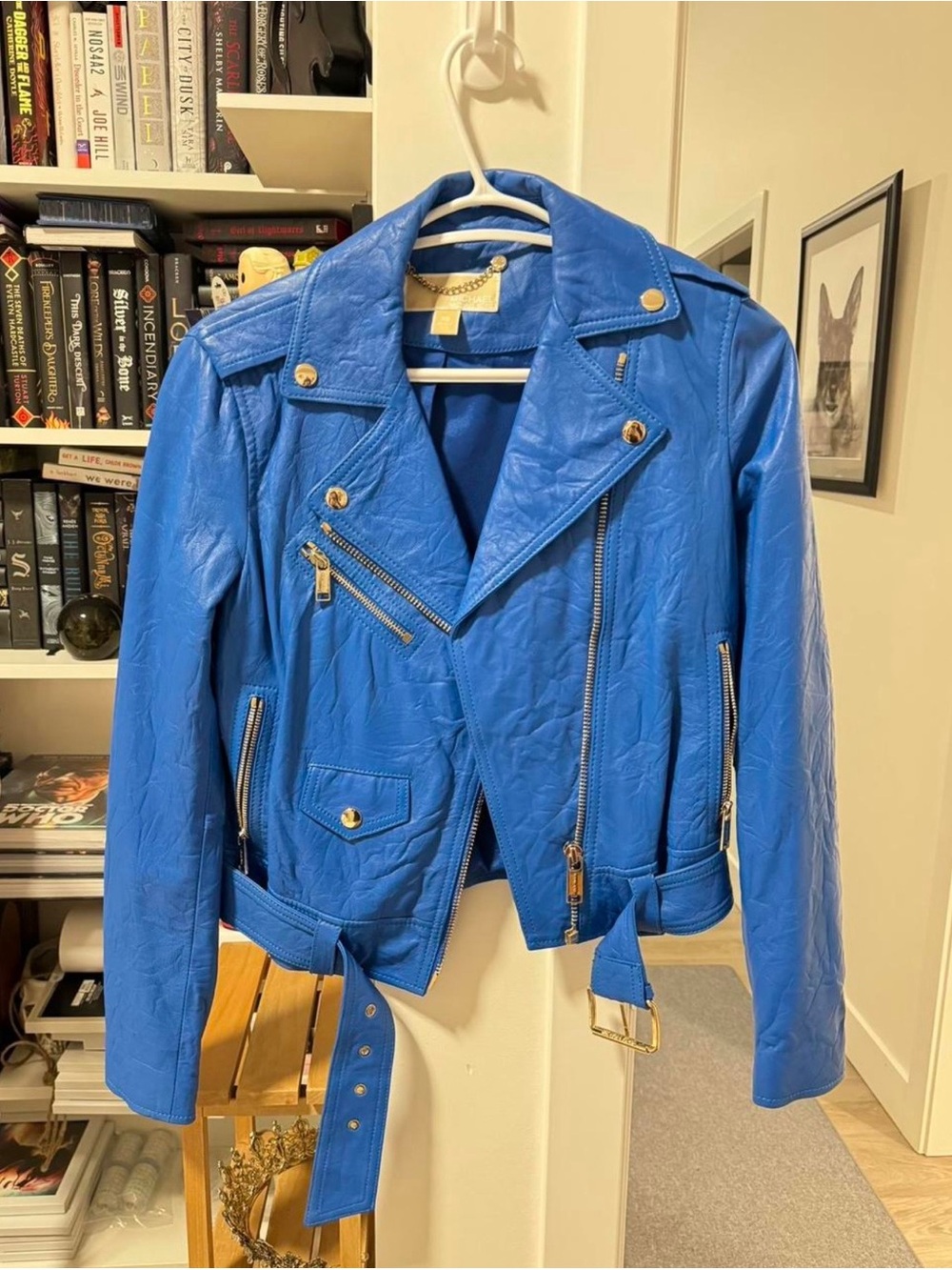 Michael Kors Bright Blue Lamb Leather Moto Jacket with Gold Hardware